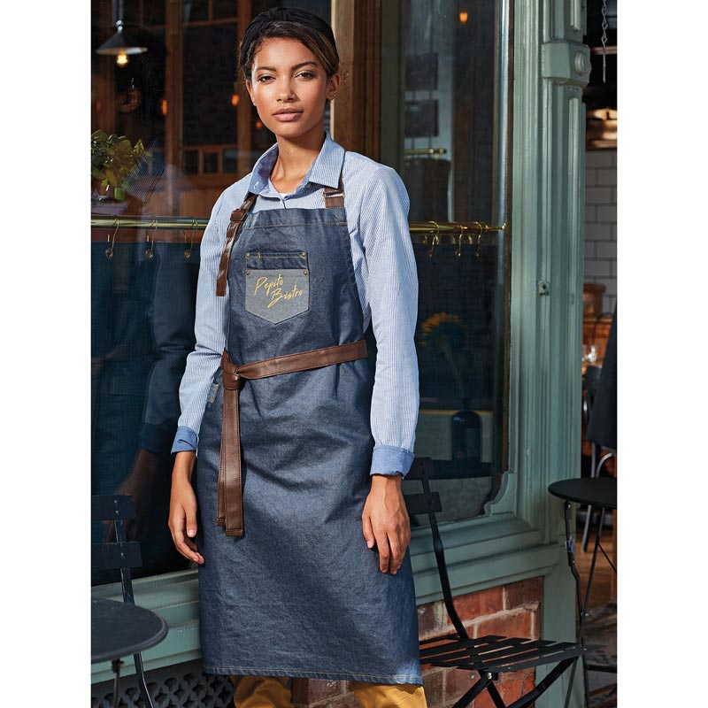 Division waxed-look denim bib apron with faux leather - Indigo/Brown Denim One Size
